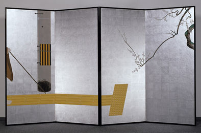 「白梅点字ブロック図屏風」